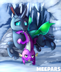 Size: 1024x1210 | Tagged: safe, artist:meepars, derpibooru import, spike, thorax, changeling, dragon, the times they are a changeling, mouth hold, smiling