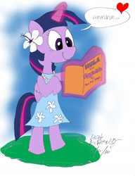 Size: 1512x1968 | Tagged: safe, artist:newportmuse, derpibooru import, hoofer steps, twilight sparkle, twilight sparkle (alicorn), alicorn, pony, bipedal, book, clothes, dress, hawaii, heart, hula, hula dancing, hulalight, magic, solo, speech bubble