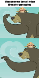 Size: 747x1483 | Tagged: safe, derpibooru import, edit, harry, bear, 28 pranks later, fire safety, hat, i'm watching you, male, smokey bear, solo