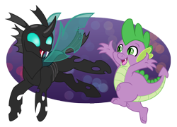 Size: 1514x1088 | Tagged: safe, artist:overgrandmapowerlord, derpibooru import, spike, thorax, changeling, dragon, the times they are a changeling, happy, smiling