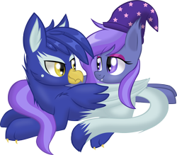 Size: 5009x4397 | Tagged: safe, artist:mlp-starblaze, derpibooru import, oc, oc only, oc:clyne griffon, oc:torpid astrum, bat pony, griffon, pony, absurd resolution, cuddling, cute, eye contact, female, looking at each other, male, simple background, snuggling, straight