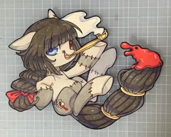 Size: 1280x1024 | Tagged: safe, artist:mosamosa_n, derpibooru import, oc, oc only, commission, cutout, doll, heterochromia, pipe, smoking, solo, toy, traditional art