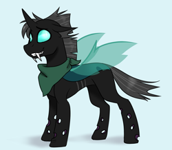 Size: 1024x892 | Tagged: safe, artist:pucykforevar, derpibooru import, thorax, changeling, the times they are a changeling, bandana, cute, fangs, floppy ears, grin, looking at you, neckerchief, simple background, smiling, solo