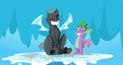 Size: 3772x2000 | Tagged: safe, artist:d-jayjesse, derpibooru import, spike, thorax, changeling, dragon, the times they are a changeling, blushing, grin, sitting, smiling