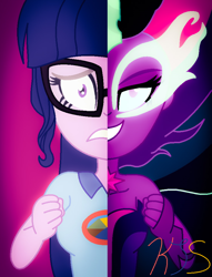 Size: 724x948 | Tagged: safe, artist:swintpony, derpibooru import, midnight sparkle, sci-twi, twilight sparkle, equestria girls, legend of everfree, duo, split screen