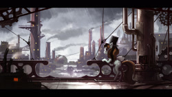 Size: 1920x1080 | Tagged: safe, artist:cmaggot, derpibooru import, oc, oc only, city, factory, hat, rain, solo, steampunk, top hat