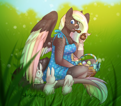 Size: 4000x3500 | Tagged: safe, artist:askbubblelee, oc, oc only, anthro, pegasus, rabbit, anthro oc, bandage, basket, chocolate bunny, clothes, cute, dress, easter, easter egg, eating, female, freckles, gift art, grass, long tail, looking down, mare