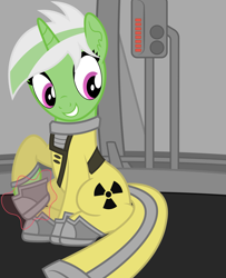 Size: 1837x2267 | Tagged: safe, artist:rainbowsurvivor, derpibooru import, oc, oc only, oc:linux, pony, unicorn, boots, grin, hazmat suit, magic, smiling, solo, telekinesis