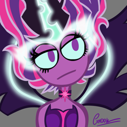 Size: 1039x1039 | Tagged: safe, artist:mintyaxe, derpibooru import, midnight sparkle, sci-twi, twilight sparkle, equestria girls, choker, clothes, dress, no nose, solo, unamused