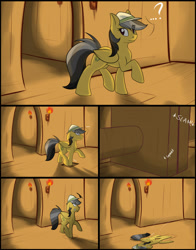 Size: 782x1000 | Tagged: safe, artist:tlem-dna-talf, derpibooru import, daring do, ..., bad end, cartoon physics, comic, flattened, it's a trap, its a trap!, ouch, question mark, trap (device)