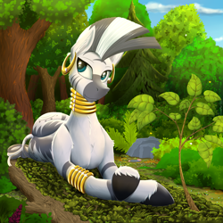 Size: 2000x2000 | Tagged: safe, artist:twotail813, derpibooru import, zecora, zebra, blue eyes, female, forest, gold, grass, lying down, moss, neck rings, piercing, rcf community, solo, tree