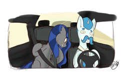 Size: 1024x611 | Tagged: safe, artist:silverknight27, derpibooru import, oc, oc only, oc:mummifiedthunderbird, pegasus, pony, unicorn, car, driving, drool, seatbelt