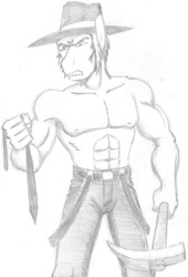 Size: 737x1083 | Tagged: safe, artist:mayorlight, derpibooru import, edit, igneous rock pie, anthro, angry, clothes, male, monochrome, muscles, pickaxe, solo, stallion, topless