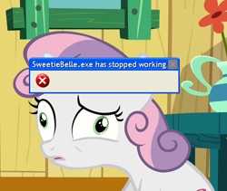 Size: 768x647 | Tagged: safe, derpibooru import, screencap, sweetie belle, pony, unicorn, the fault in our cutie marks, clubhouse, crusaders clubhouse, cutie mark, derp, error message, faic, female, filly, flower, microsoft, table, the cmc's cutie marks, vase, window, windows, x.exe stopped working