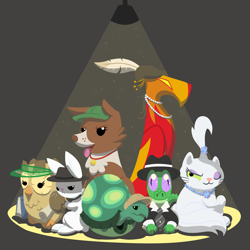 Size: 2000x2000 | Tagged: safe, artist:geomancing, derpibooru import, angel bunny, gummy, opalescence, owlowiscious, philomena, tank, winona, book, group shot, hat, jewelry, mafia, mob, necklace, pet