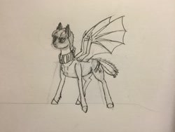 Size: 3264x2448 | Tagged: artist needed, safe, derpibooru import, oc, oc only, oc:gold batton, bat pony, pony, monochrome, rough sketch, solo, traditional art