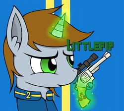 Size: 720x644 | Tagged: safe, artist:mansun, derpibooru import, oc, oc only, oc:littlepip, pony, unicorn, fallout equestria, clothes, fanfic, fanfic art, female, glowing horn, gun, handgun, little macintosh, magic, mare, revolver, simple background, solo, telekinesis, vault suit, weapon