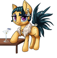 Size: 2024x2092 | Tagged: dead source, safe, artist:itresad, derpibooru import, cleopatra jazz, dungeons and discords, glass, looking at you, olive, simple background, smiling, solo, table, transparent background