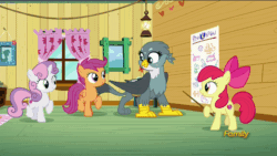 Size: 902x508 | Tagged: safe, derpibooru import, screencap, apple bloom, gabby, scootaloo, sweetie belle, griffon, the fault in our cutie marks, animated, cutie mark, cutie mark crusaders, discovery family logo, gif, headbob, loop, the cmc's cutie marks, trotting, trotting in place