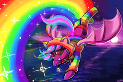 Size: 3000x2000 | Tagged: safe, artist:lumineko, oc, oc only, oc:spanking shade, bat pony, pony, cat ears, clothes, cute, cutie mark, female, goggles, hoodie, nyan cat, parkour, rainbow socks, rainbows, socks, solo, sparkly, striped socks