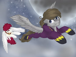 Size: 2104x1578 | Tagged: safe, artist:chargerwuvsstarbucks, derpibooru import, oc, oc only, oc:digital dusk, pony, clothes, flying, moon, shadowbolts costume