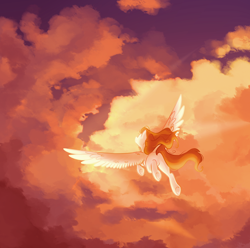 Size: 1280x1269 | Tagged: safe, artist:raponee, derpibooru import, oc, oc only, oc:railgun impulse, pegasus, pony, cloud, flying, sky, solo, spread wings