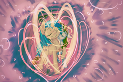 Size: 1500x1000 | Tagged: safe, artist:cometakat, derpibooru import, oc, oc only, oc:homage, oc:littlepip, pony, unicorn, fallout equestria, abstract background, eyes closed, fanfic, fanfic art, female, floppy ears, hooves, horn, mare, oc x oc