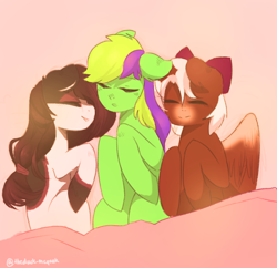 Size: 872x845 | Tagged: safe, artist:theduck-mcquak, derpibooru import, oc, oc only, oc:skyler, wolf, wolf pony, bed, bedroom, cuddling, cute, hair bow, happy, ribbon, sleeping, snuggling