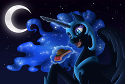 Size: 5000x3356 | Tagged: safe, artist:anadukune, derpibooru import, nightmare moon, absurd resolution, drool, food, magic, moon, night, open mouth, ponies eating meat, sandwich, solo, telekinesis