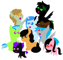 Size: 1068x1012 | Tagged: safe, artist:tamerqueen, derpibooru import, oc, oc only, oc:david, oc:end coder, oc:lohni, oc:monique da pony, oc:ponyrock joe, oc:tamerqueen, oc:the derp, friends, thewubstepbrony