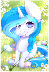 Size: 800x1167 | Tagged: safe, artist:teranen, oc, oc only, oc:bubble lee, pony, unicorn, chick, chicks, colored pupils, cute, easter, easter egg, eye clipping through hair, female, freckles, gift art, looking at you, mare, ocbetes, smiling, solo, tongue out