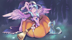 Size: 3840x2160 | Tagged: safe, artist:dream--chan, derpibooru import, oc, oc only, oc:pancake, oc:sapphire night, alicorn, cat, ghost, pony, alicorn oc, broom, cute, food, ghost cat, hat, ocbetes, pumpkin, witch hat