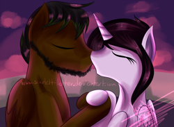 Size: 1024x748 | Tagged: safe, artist:scarlett-letter, derpibooru import, oc, oc only, alicorn, pegasus, pony, alicorn oc, beard, eyes closed, facial hair, kissing, male, straight