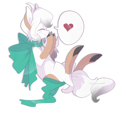 Size: 900x820 | Tagged: safe, artist:rannarbananar, derpibooru import, oc, oc only, oc:evie, eyes closed, heart, neck bow, solo, speech bubble, tail bow
