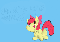Size: 1280x913 | Tagged: safe, artist:eow, derpibooru import, apple bloom, autograph, cute, happy, smiling, solo
