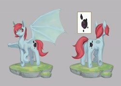 Size: 4407x3116 | Tagged: safe, artist:eosphorite, derpibooru import, oc, oc only, oc:sterngaffer, bat pony, changeling, hybrid, pony, blue changeling, both cutie marks, changeling oc, cross section, ear fluff, plot, reference sheet, solo