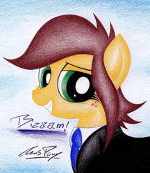 Size: 1024x1185 | Tagged: safe, artist:thechrispony, derpibooru import, oc, oc only, oc:canni soda, pony, bizaam, female, freckles, galacon, looking at you, mare, solo, traditional art