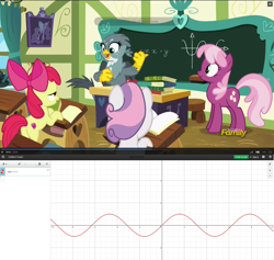 Size: 1920x1818 | Tagged: safe, derpibooru import, edit, edited screencap, screencap, apple bloom, cheerilee, gabby, sweetie belle, griffon, the fault in our cutie marks, cutie mark, desmos, error, graph, math, mathematics in the comments, school, sine wave, the cmc's cutie marks