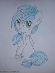 Size: 2448x3264 | Tagged: safe, artist:sweeterwho, derpibooru import, oc, oc only, oc:sweetie, pony, cute, looking at you, looking back, ponytail, sitting, smiling, solo, traditional art