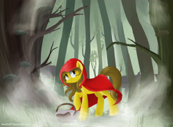 Size: 3000x2200 | Tagged: safe, artist:sweeterwho, derpibooru import, pony, wolf, fog, forest, little red riding hood, ponified, scared, tree