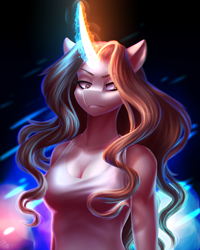 Size: 1024x1280 | Tagged: safe, artist:glitteronin, derpibooru import, oc, oc only, oc:golden pen, anthro, unicorn, breasts, cleavage, clothes, curved horn, female, glowing horn, gritted teeth, looking at you, magic, solo, tanktop, teeth