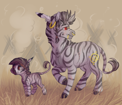 Size: 1280x1103 | Tagged: safe, artist:1an1, derpibooru import, oc, oc only, zebra, :o, cute, ear piercing, earring, feather, foal, grass, headband, hut, jewelry, lidded eyes, looking back, piercing, raised hoof, red eyes, scar, smiling