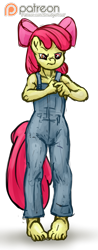 Size: 585x1500 | Tagged: safe, artist:smudge proof, apple bloom, anthro, plantigrade anthro, barefoot, feet, overalls, patreon, patreon logo, scrunchy face, simple background, sketch, solo, transparent background