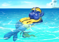 Size: 1884x1337 | Tagged: safe, artist:stasushka, derpibooru import, oc, oc only, oc:bluestar, pony, unicorn, calm, eyes closed, floating, lifejacket, ocean, on back, palm tree, relaxed, relaxing, sleeping, solo, tree, water