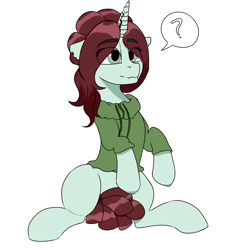 Size: 1983x2085 | Tagged: safe, artist:cold blight, derpibooru exclusive, derpibooru import, oc, oc only, oc:taffeta, pony, unicorn, broken horn, cute, pose, scrunchy face, solo, sweatshirt