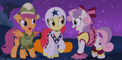 Size: 846x415 | Tagged: safe, artist:brianblackberry, derpibooru import, apple bloom, daring do, scootaloo, sweetie belle, bottomless, bow, cheerleader, clothes, costume, cutie mark crusaders, evel knievel, food, hair bow, night, nightmare night, nightmare night costume, partial nudity, pumpkin, tree