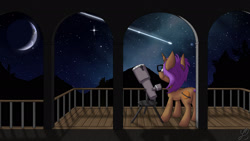 Size: 1920x1080 | Tagged: safe, artist:gyroc, derpibooru import, oc, oc only, oc:star ray, astronomy, balcony, crescent moon, galaxy, glasses, looking up, moon, mountain, night, night sky, shooting star, solo, stargazing, stars, telescope, tripod