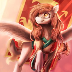 Size: 1024x1024 | Tagged: safe, artist:glitteronin, derpibooru import, oc, oc only, oc:nuria wintersbane, dracony, hybrid, clothes, hanfu, solo, spread wings