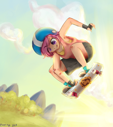 Size: 800x900 | Tagged: safe, artist:cosmicponye, derpibooru import, scootaloo, human, armpits, bra, clothes, converse, helmet, humanized, light skin, shoes, skateboard, solo, tanktop, underwear, white underwear