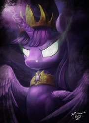 Size: 3412x4700 | Tagged: safe, artist:zilvart, derpibooru import, twilight sparkle, twilight sparkle (alicorn), alicorn, pony, absurd resolution, dark magic, evil, evil grin, glowing eyes, jewelry, necklace, queen, queen twilight, signature, solo, sombra eyes, tyrant sparkle